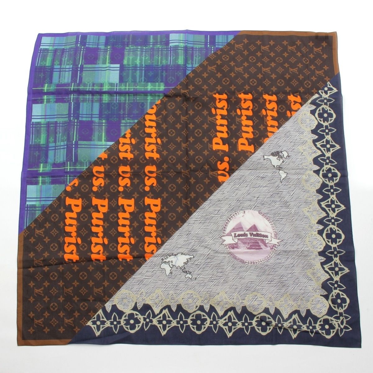 Louis Vuitton Silk Monogram Logo All Over Print Scarf Navy