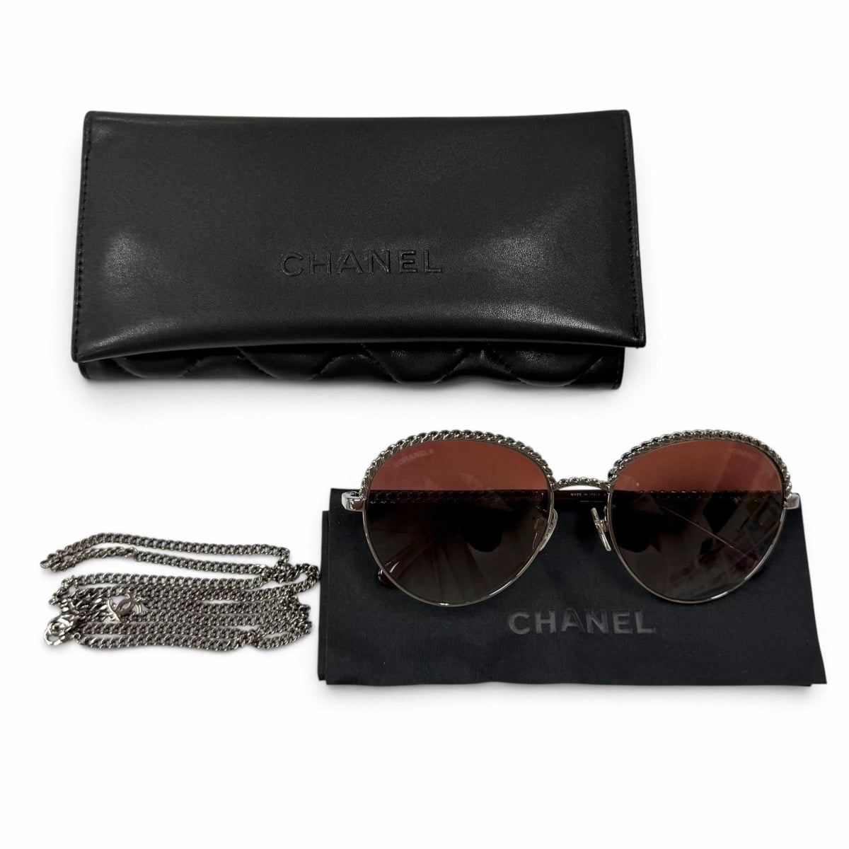 Chanel Panto Shape Gradient Lens Sunglasses with CC Logo Chain Brown Silver — view 2
