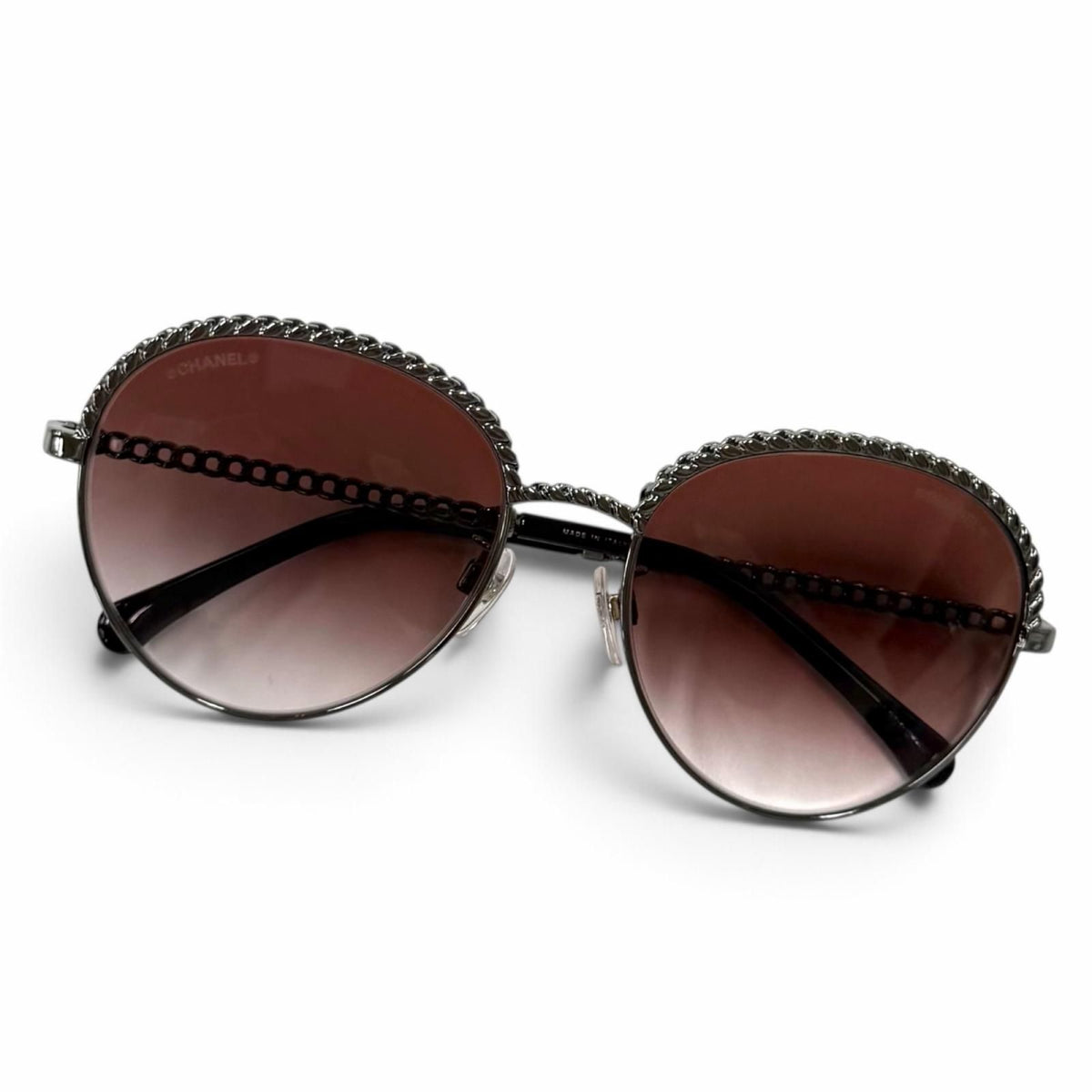 Chanel Panto Shape Gradient Lens Sunglasses with CC Logo Chain Brown Silver
