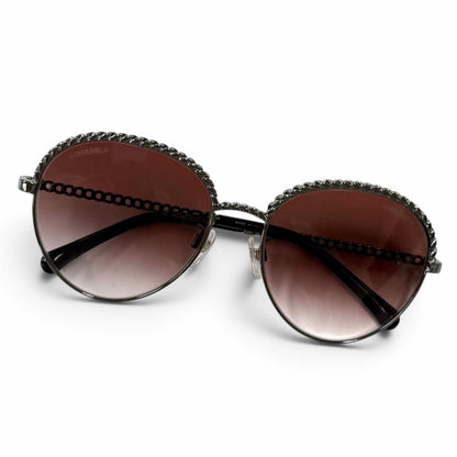Chanel Panto Shape Gradient Lens Sunglasses with CC Logo Chain Brown Silver