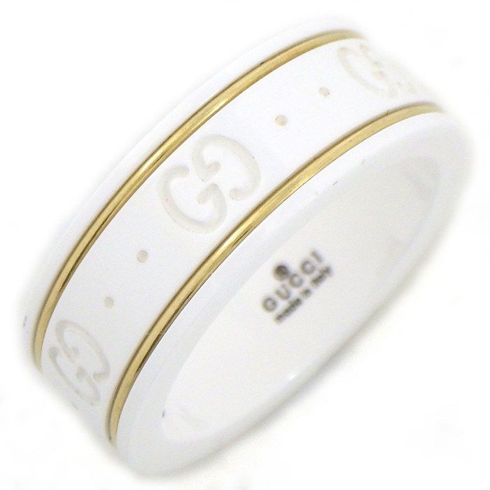Gucci Ring Icon GG Logo White Ceramic 18k Yellow Gold