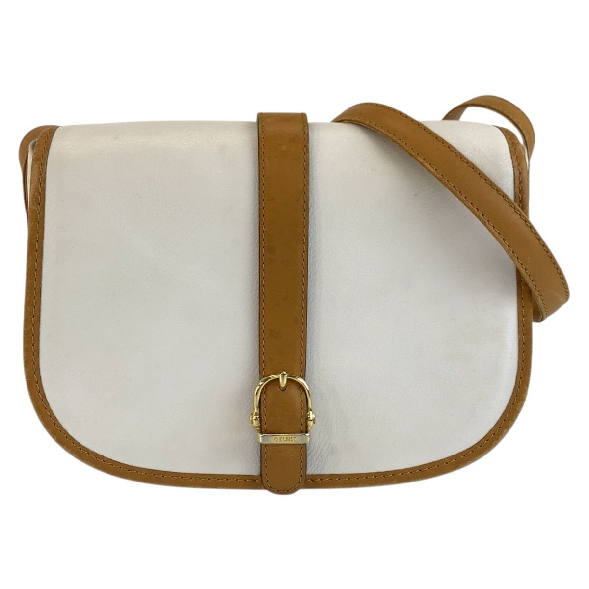 Celine Vintage White Brown Gold Leather Shoulder Bag Pochette