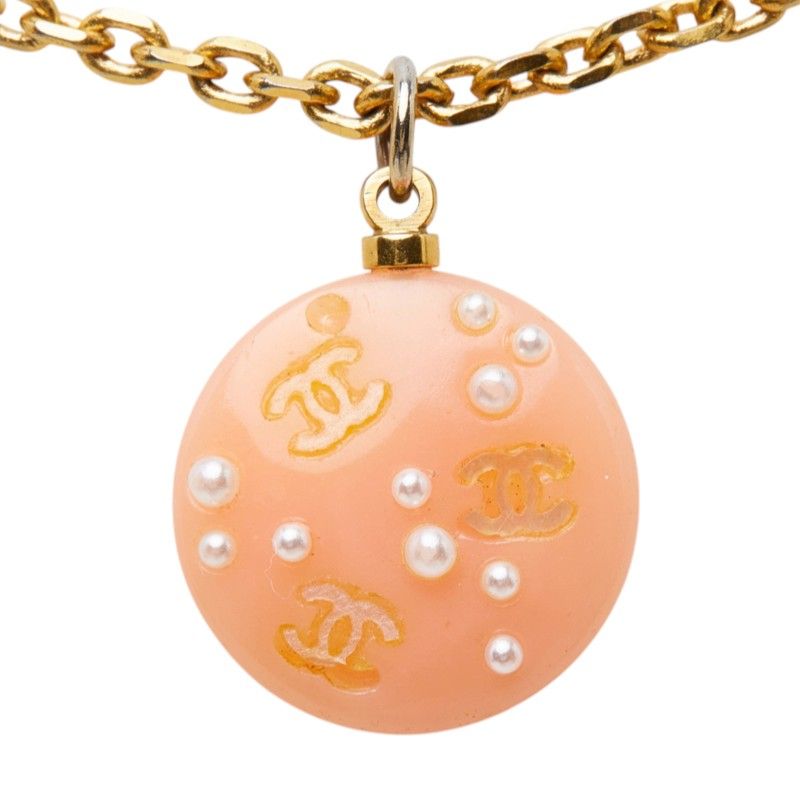 Chanel CC Logo Chain Necklace 03P Orange Gold Plastic Faux Pearl — view 2