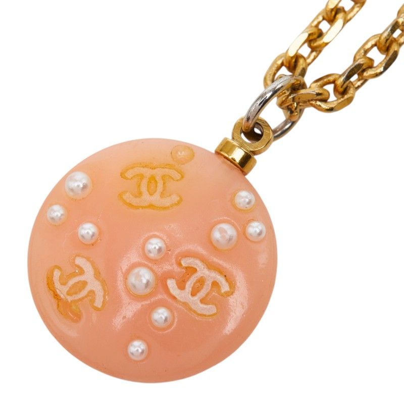 Chanel CC Logo Chain Necklace 03P Orange Gold Plastic Faux Pearl