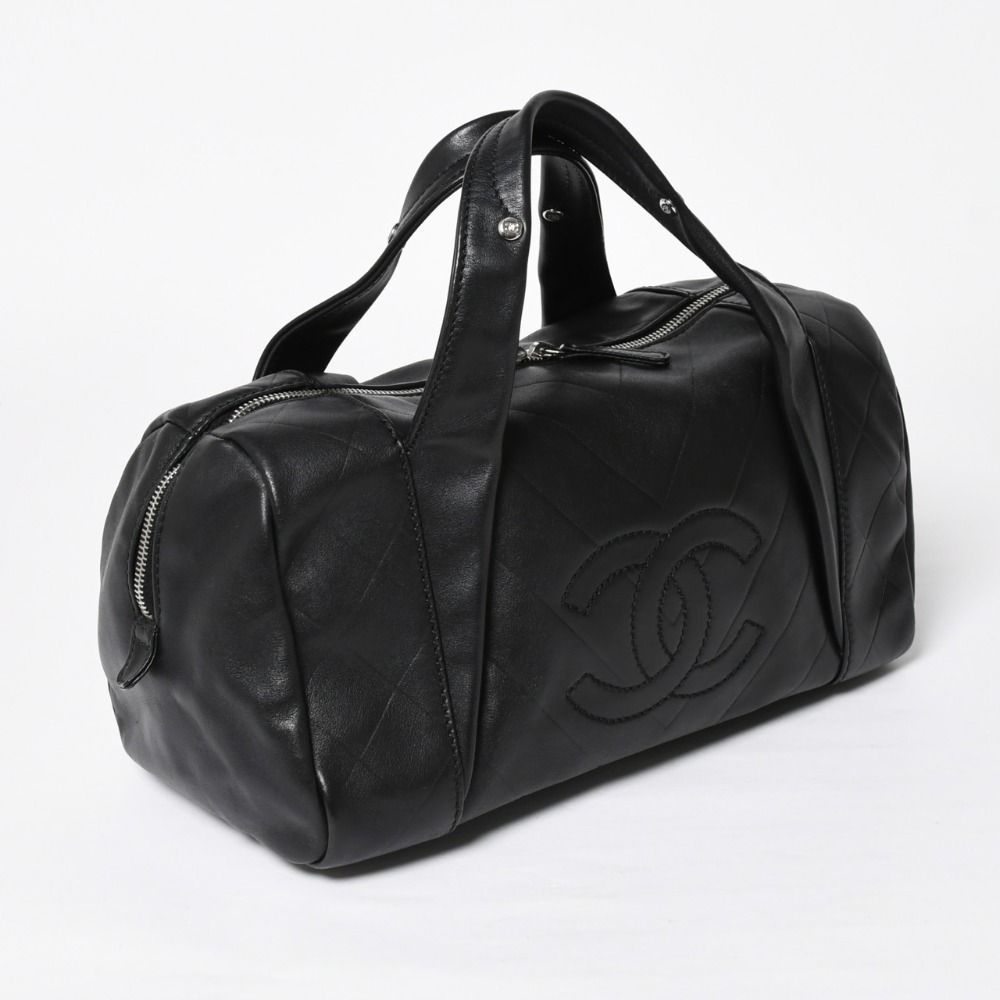 Chanel Chevron Mini Boston Bag Black CC Logo V-stitch Lambskin Silver — view 3
