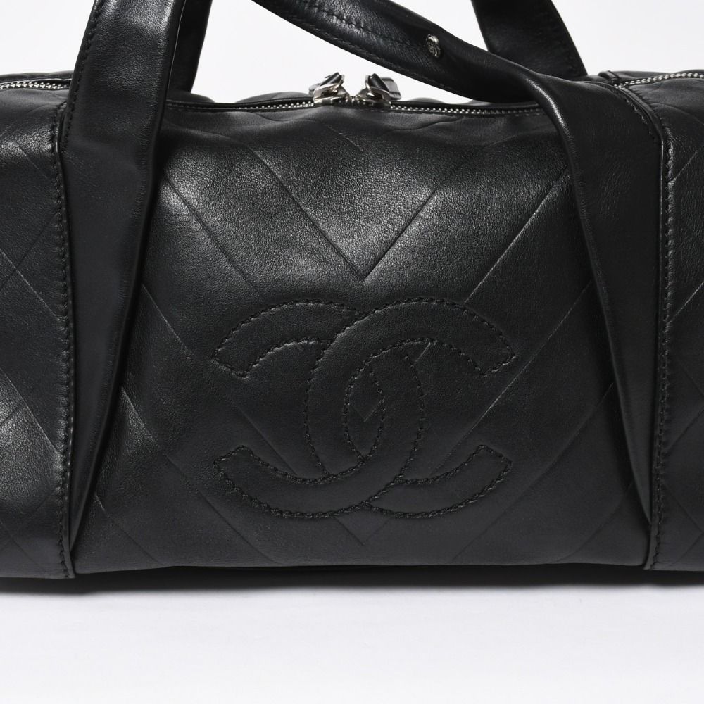 Chanel Chevron Mini Boston Bag Black CC Logo V-stitch Lambskin Silver — view 8