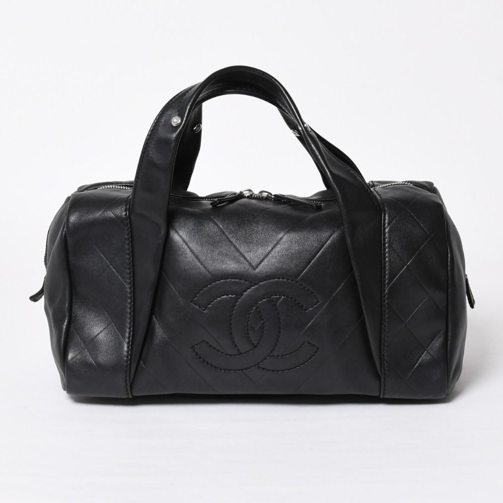 Chanel Chevron Mini Boston Bag Black CC Logo V-stitch Lambskin Silver