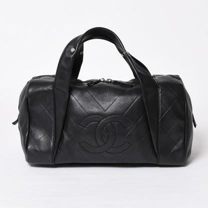 Chanel Chevron Mini Boston Bag Black CC Logo V-stitch Lambskin Silver