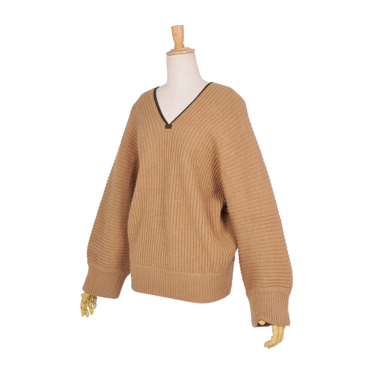 Hermes Knit Sweater V-neck Camel Leather Long Sleeve Top Brown 38 — view 4