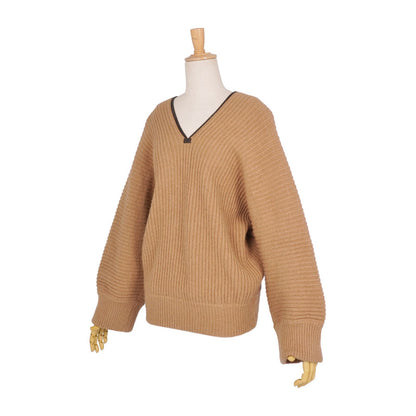 Hermes Knit Sweater V-neck Camel Leather Long Sleeve Top Brown 38 — view 4