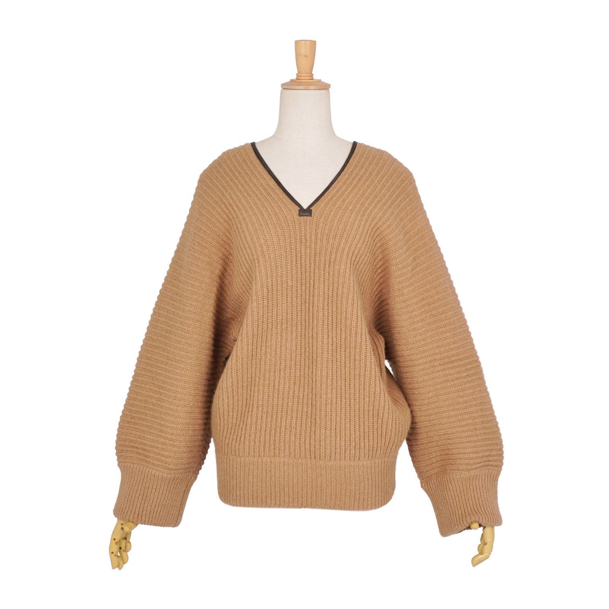 Hermes Knit Sweater V-neck Camel Leather Long Sleeve Top Brown 38 — view 3