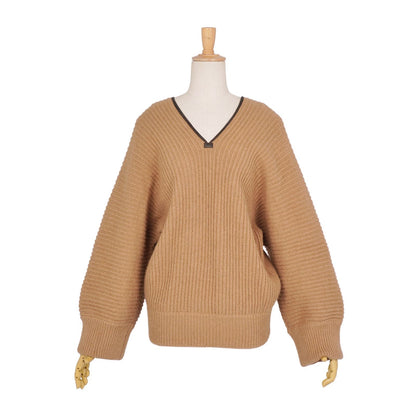 Hermes Knit Sweater V-neck Camel Leather Long Sleeve Top Brown 38 — view 3