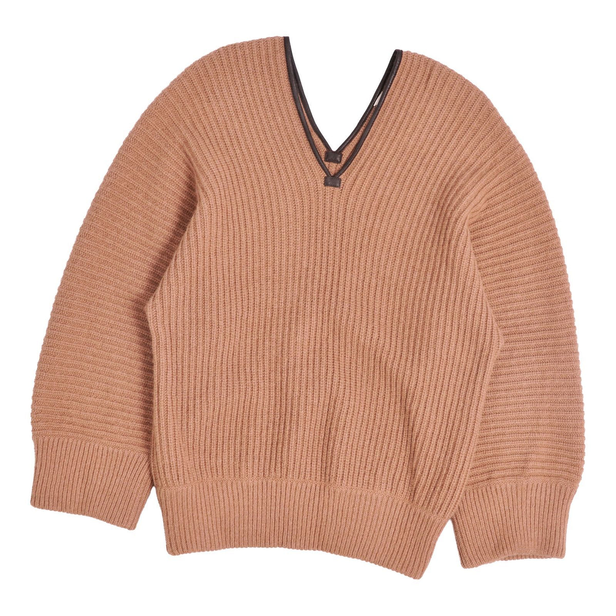 Hermes Knit Sweater V-neck Camel Leather Long Sleeve Top Brown 38