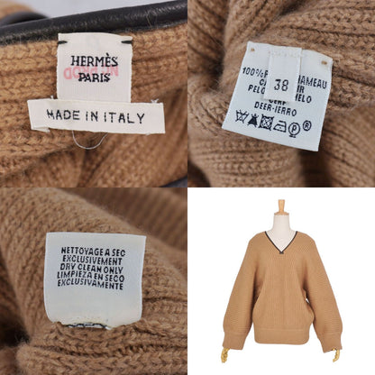 Hermes Knit Sweater V-neck Camel Leather Long Sleeve Top Brown 38 — view 7