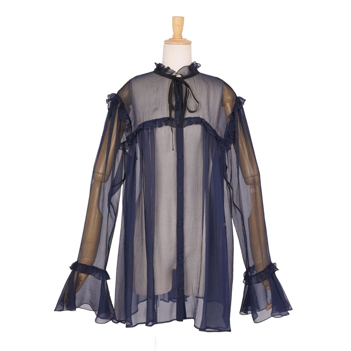 Gucci Shirt Blouse Sheer Silk Chiffon Long Sleeve Top Navy 48 — view 3