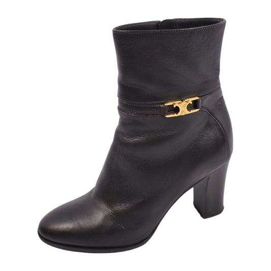 Celine Boots Short Macadamto Triomphe Side Zipper Heels Shoes Leather Black