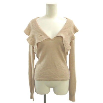 Celine Ruffle Color Cashmere Knit V-neck Long Sleeve Pink Top Sweater S