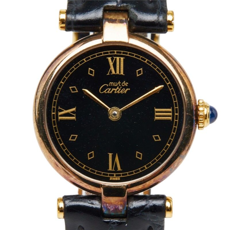 Cartier Must Vendome Vermeil Watch Black Gold Silver Plated Leather