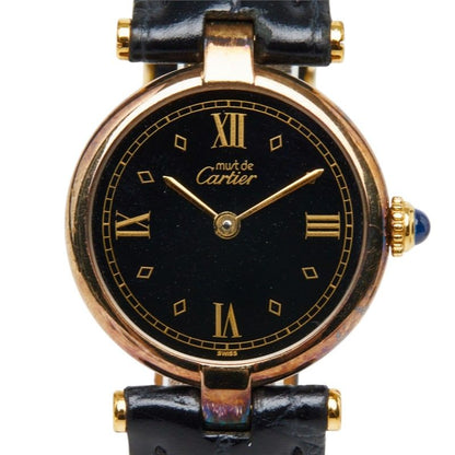 Cartier Must Vendome Vermeil Watch Black Gold Silver Plated Leather