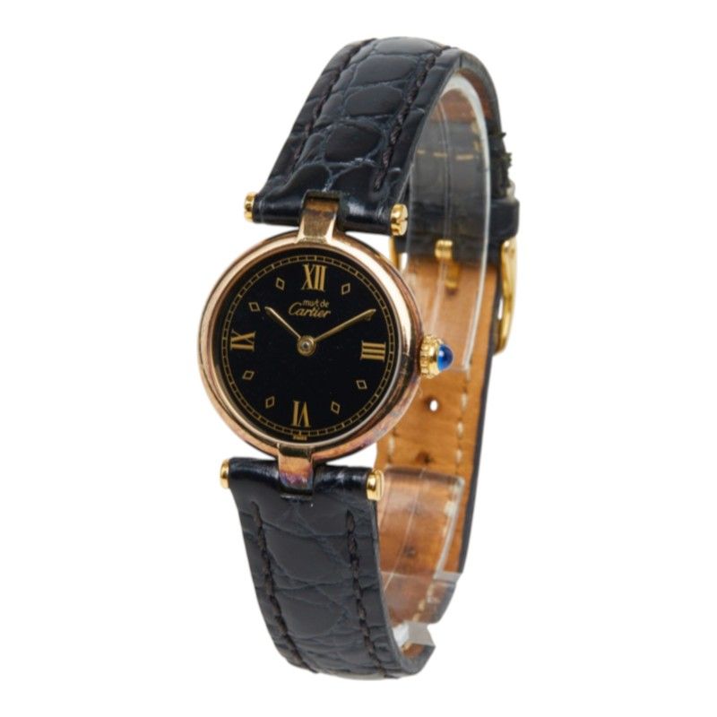 Cartier Must Vendome Vermeil Watch Black Gold Silver Plated Leather — view 2