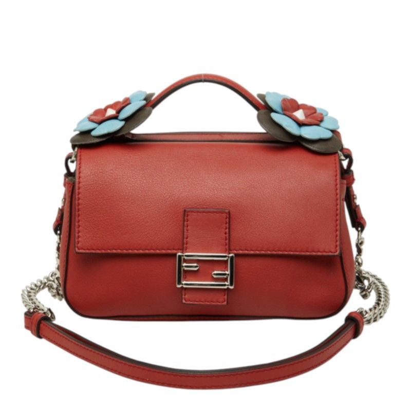 Fendi Double Micro Bucket Flower Chain Shoulder Bag Red Leather