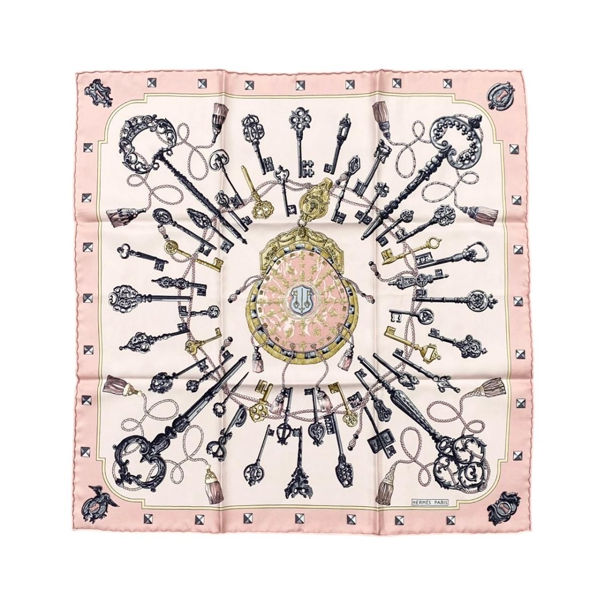 Hermes Silk Scarf Gavroche les Cles Key Motif Logo Pink Gray