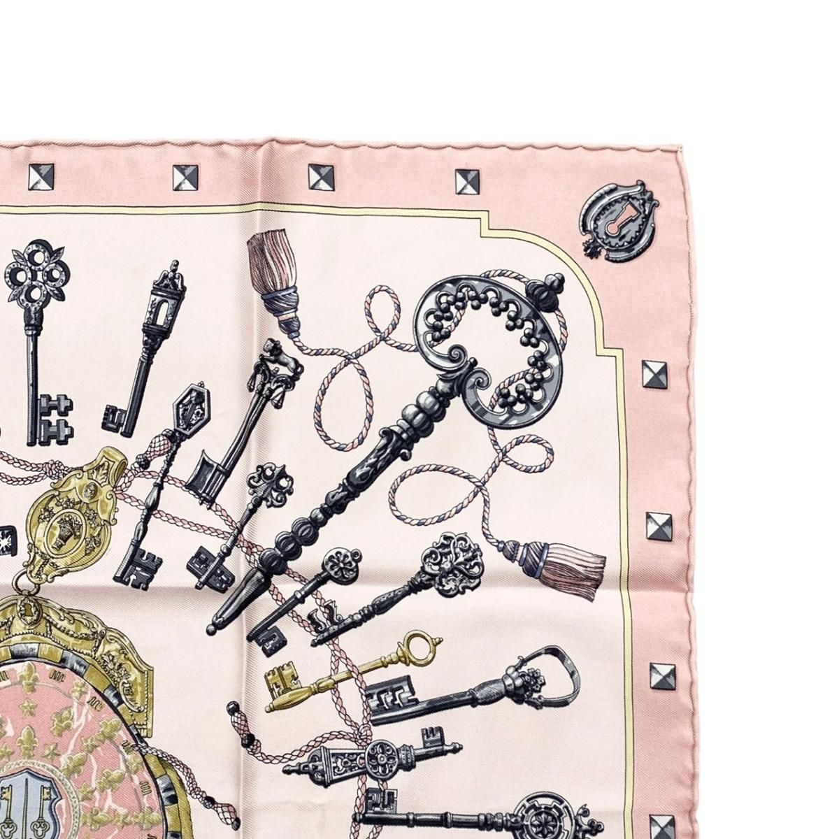 Hermes Silk Scarf Gavroche les Cles Key Motif Logo Pink Gray — view 4