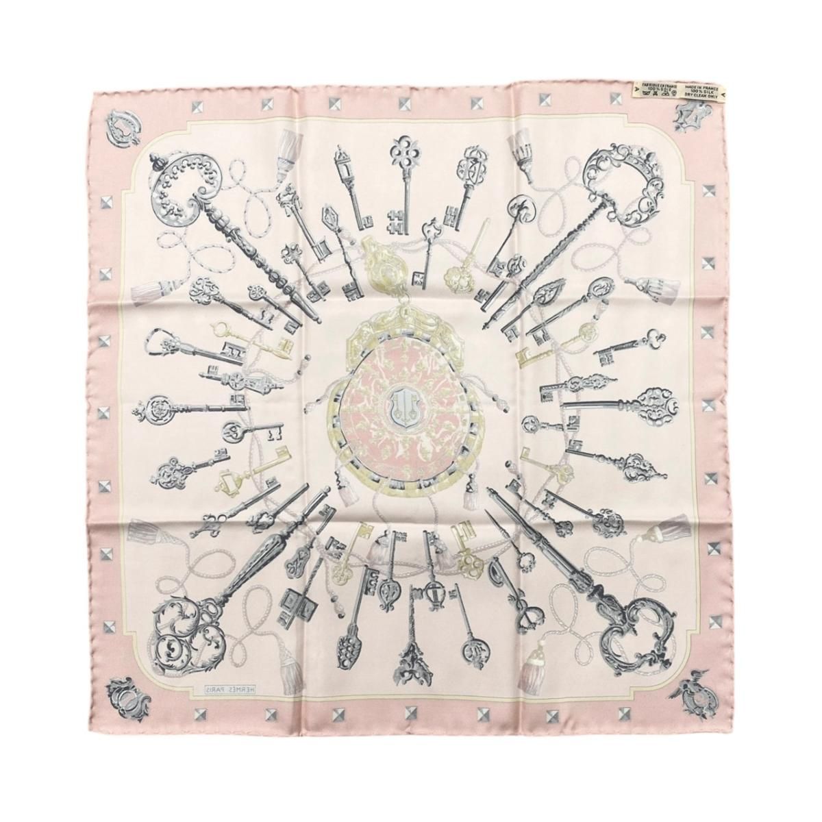 Hermes Silk Scarf Gavroche les Cles Key Motif Logo Pink Gray — view 2
