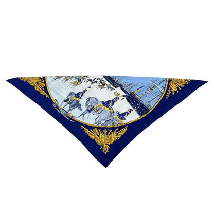 Hermes Carre 90 Marine Et Cavalerie Silk Yellow Navy Scarf — view 3