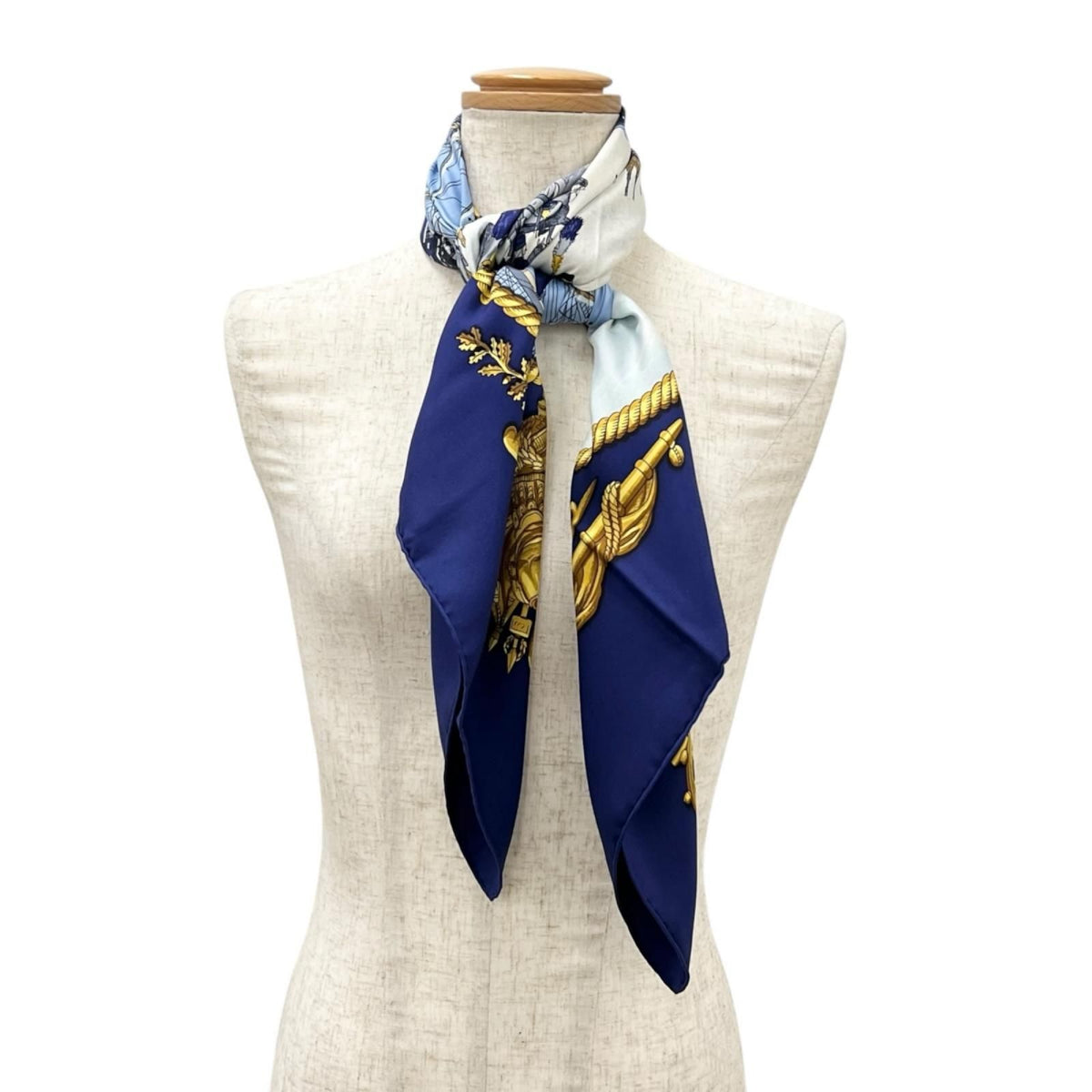 Hermes Carre 90 Marine Et Cavalerie Silk Yellow Navy Scarf — view 2