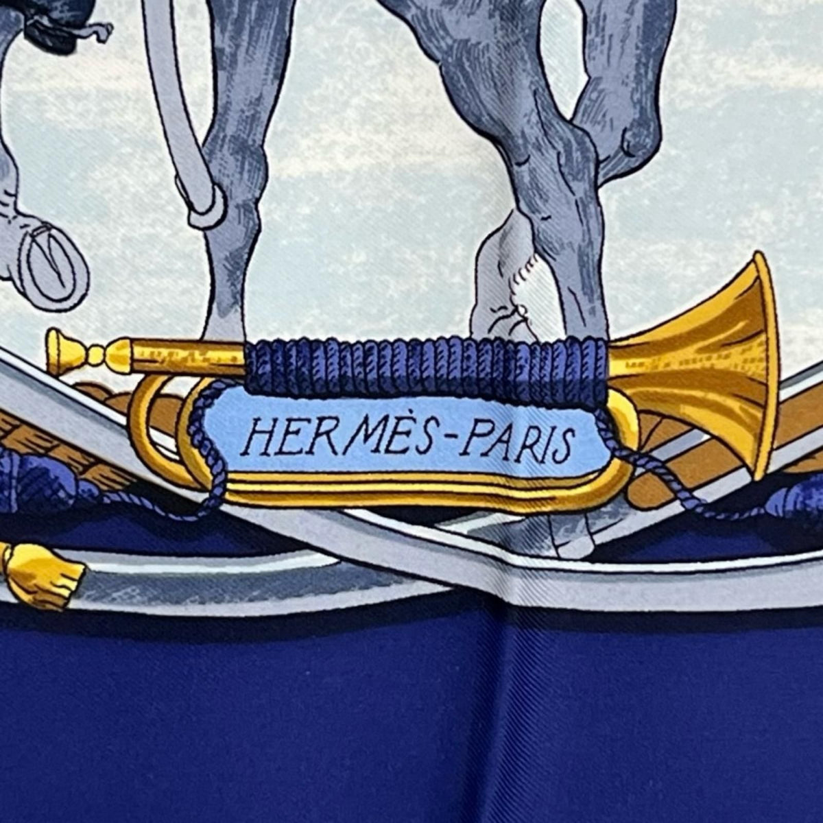 Hermes Carre 90 Marine Et Cavalerie Silk Yellow Navy Scarf — view 6
