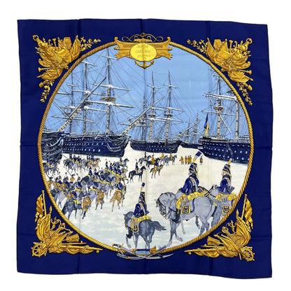 Hermes Carre 90 Marine Et Cavalerie Silk Yellow Navy Scarf