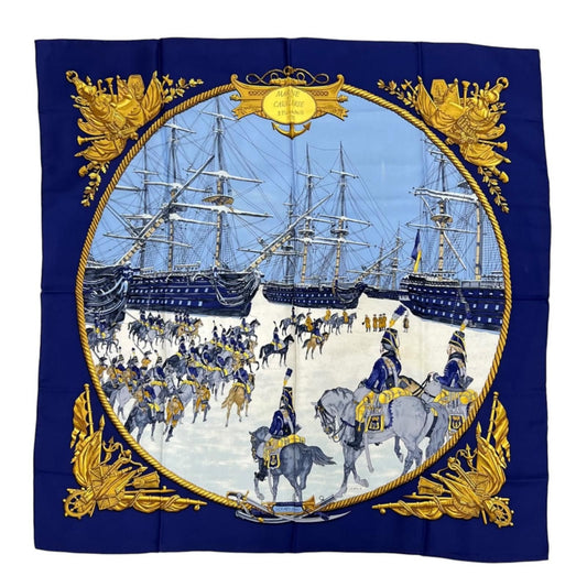 Hermes Carre 90 Marine Et Cavalerie Silk Yellow Navy Scarf