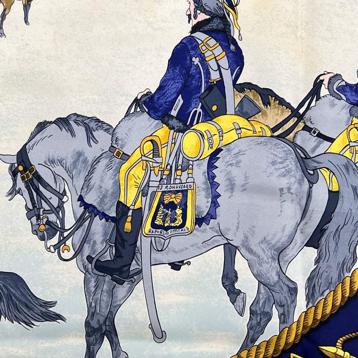 Hermes Carre 90 Marine Et Cavalerie Silk Yellow Navy Scarf — view 7