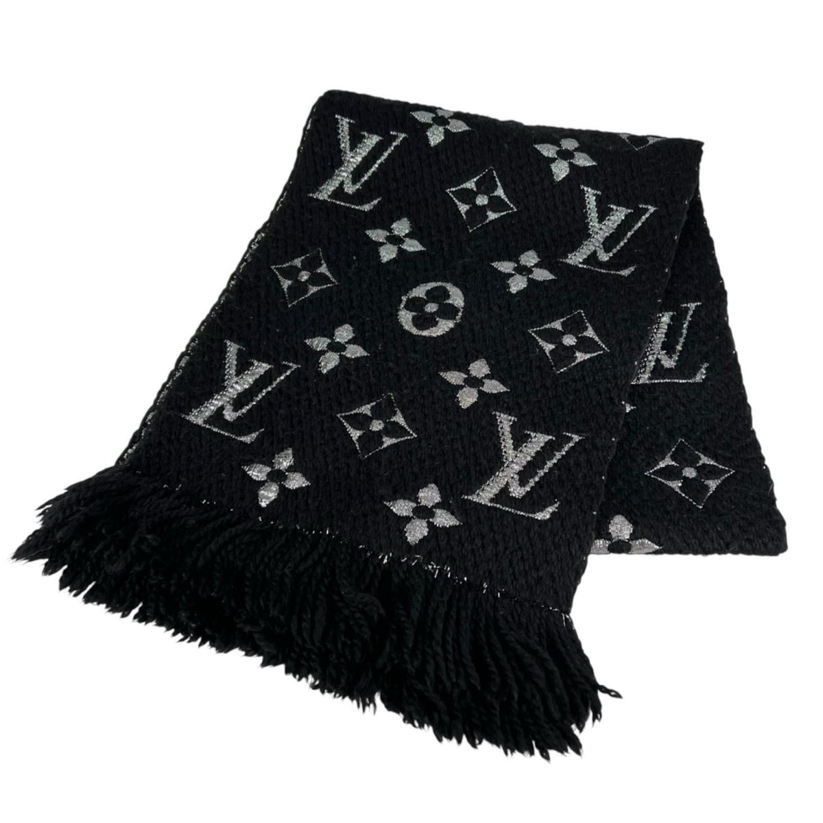 Louis Vuitton Logomania Scarf Shine Noir Silk Wool Silver Black