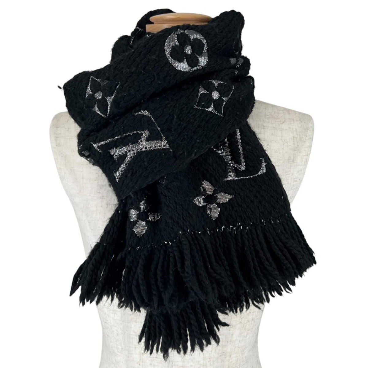 Louis Vuitton Logomania Scarf Shine Noir Silk Wool Silver Black — view 2