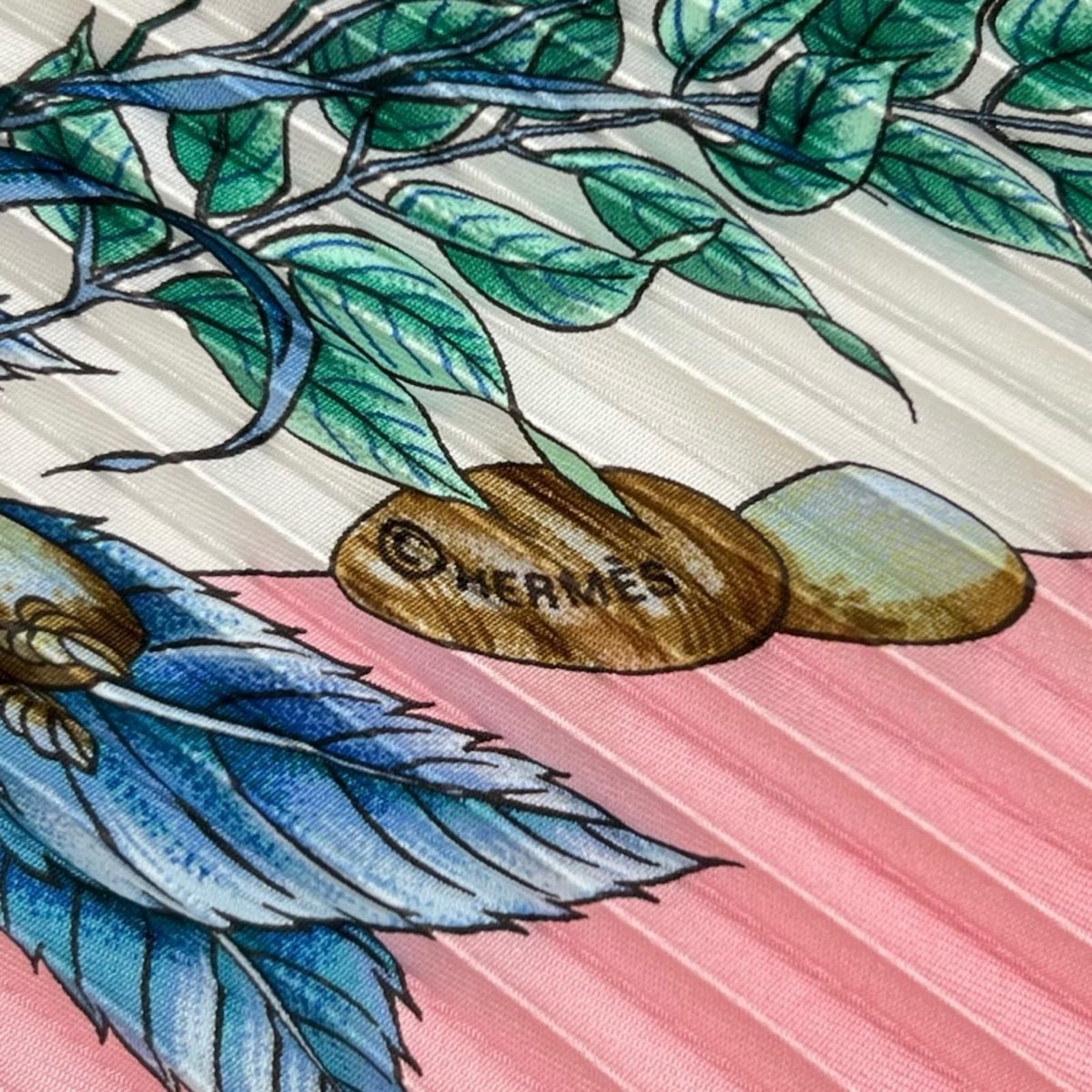 Hermes Pleated Pythagore Silk Green Pink White Scarf — view 6