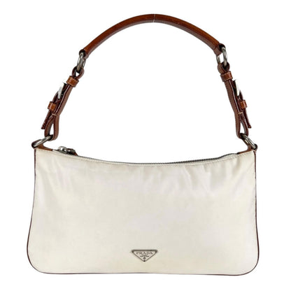 Prada Tessuto Leather Nylon Brown White Handbag Silver