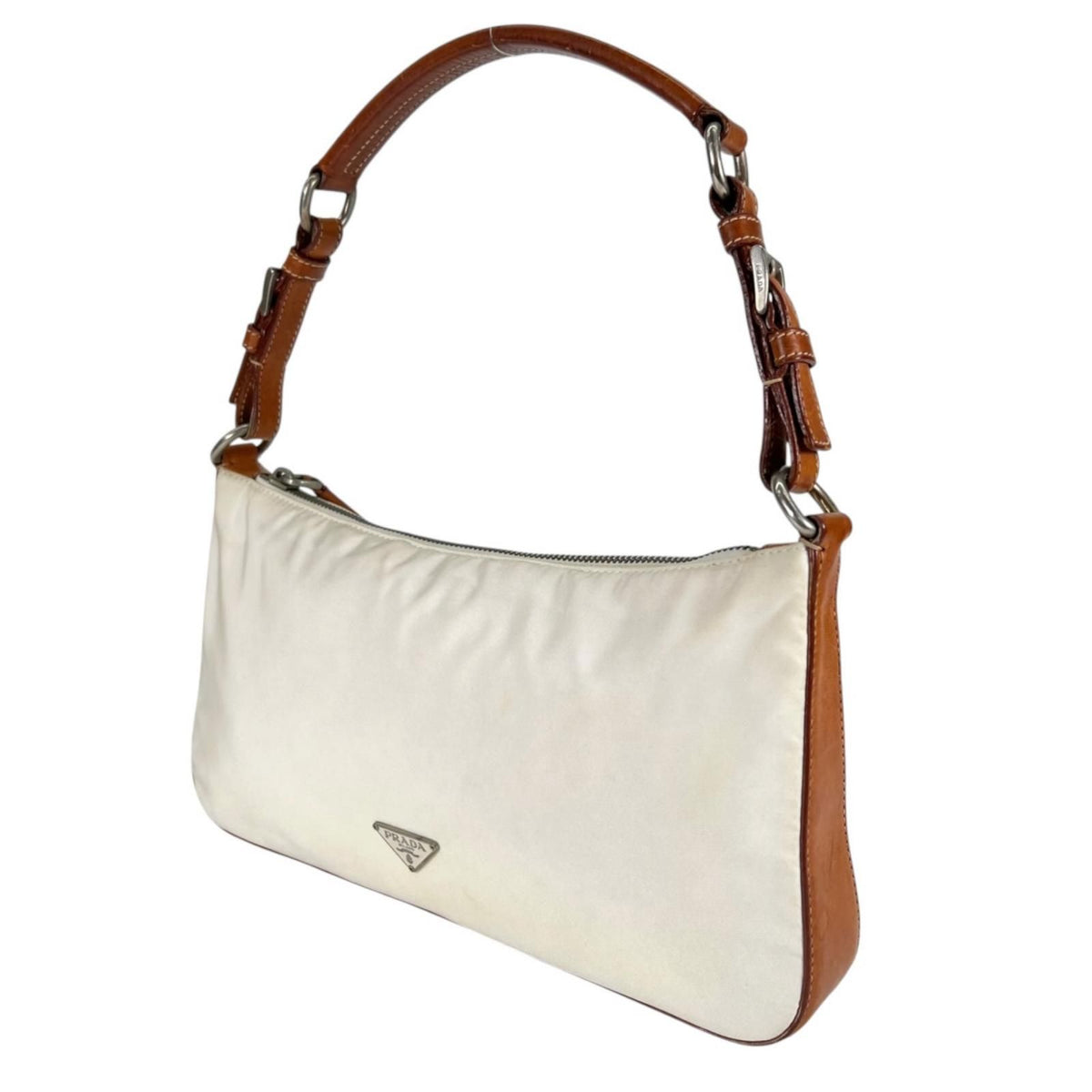 Prada Tessuto Leather Nylon Brown White Handbag Silver — view 4