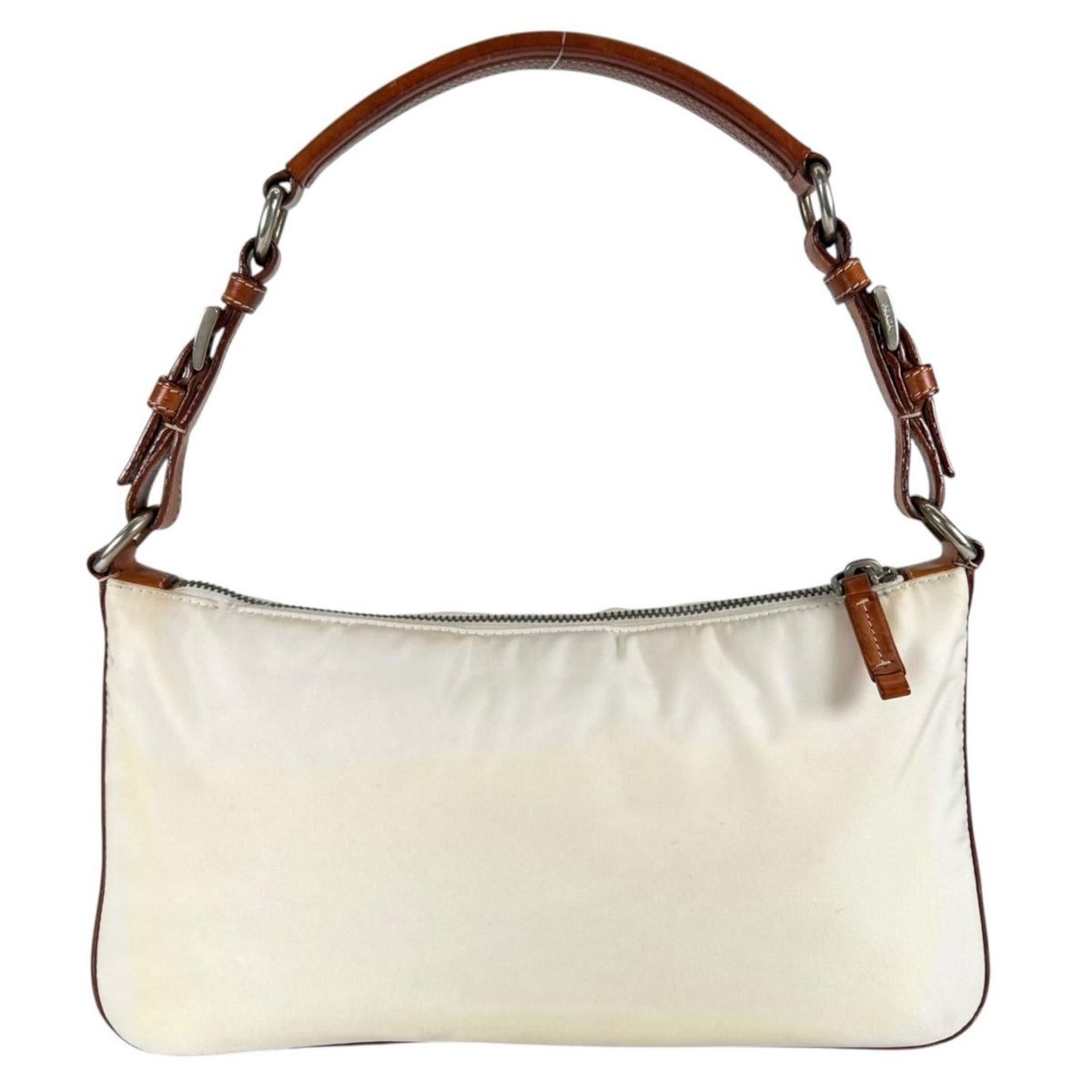 Prada Tessuto Leather Nylon Brown White Handbag Silver — view 2