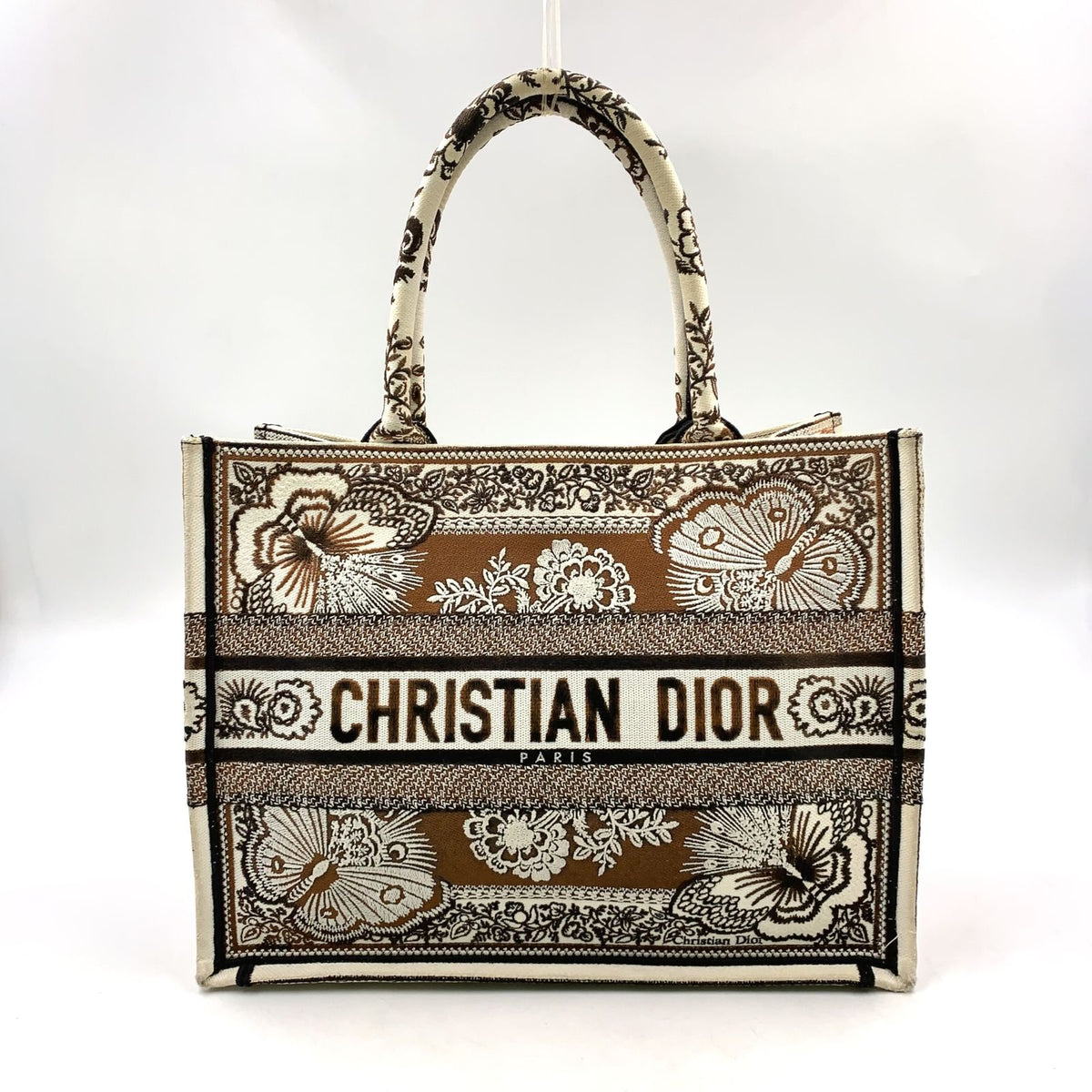 Dior Book Butterfly Embroidery Canvas Ivory Dark Brown Tote Bag