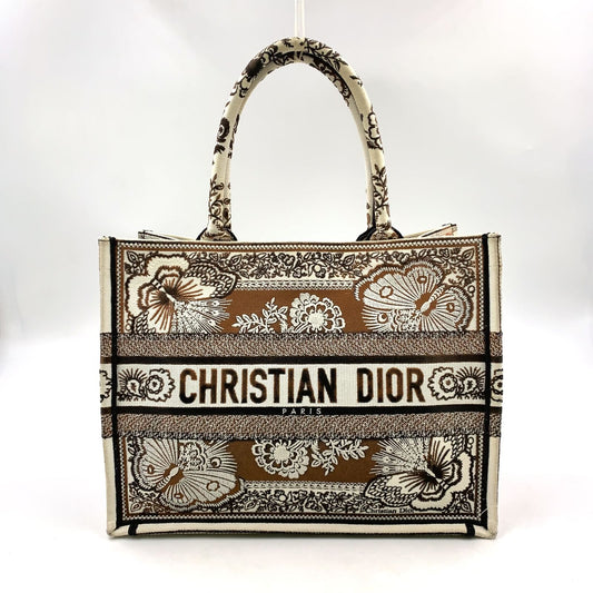 Dior Book Butterfly Embroidery Canvas Ivory Dark Brown Tote Bag