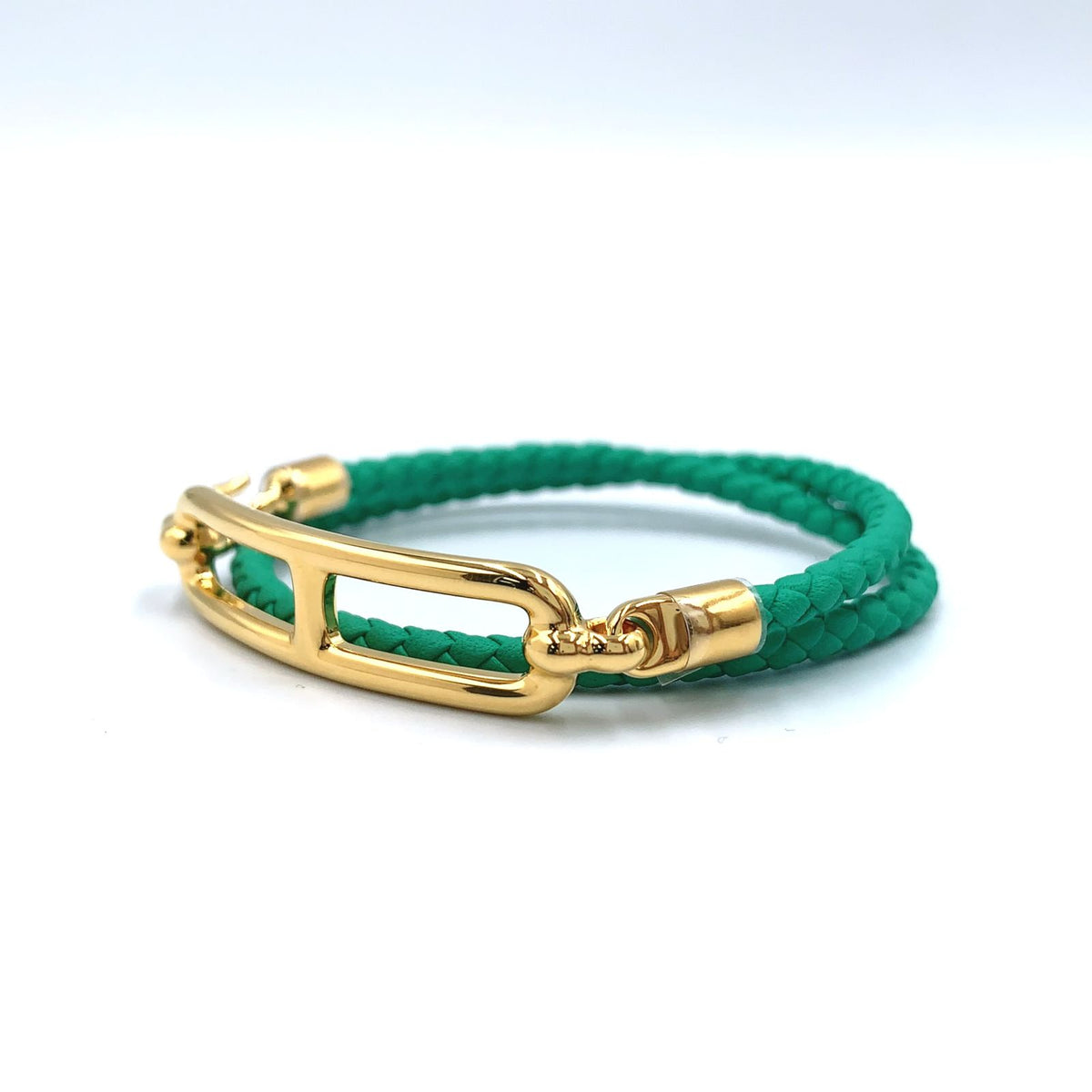 Hermes Roulis Double Tour Leather Green Gold Bracelet — view 2