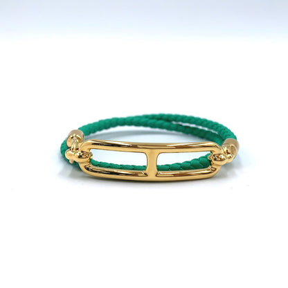 Hermes Roulis Double Tour Leather Green Gold Bracelet