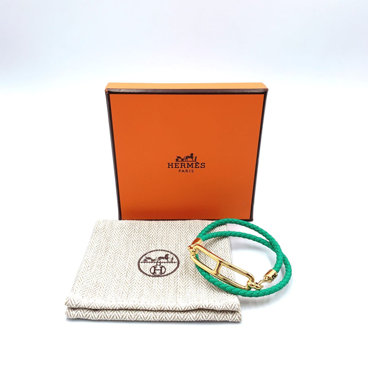 Hermes Roulis Double Tour Leather Green Gold Bracelet — view 8