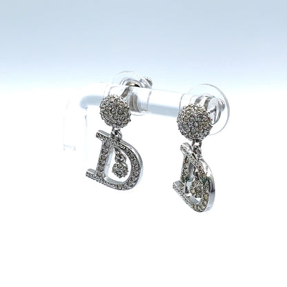 Dior D Logo Alphabet Dancing Metal Rhinestone Silver Earrings — view 2