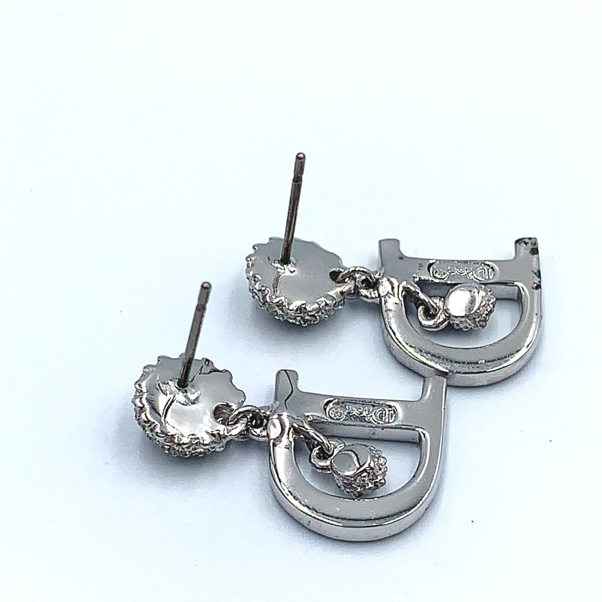 Dior D Logo Alphabet Dancing Metal Rhinestone Silver Earrings — view 4