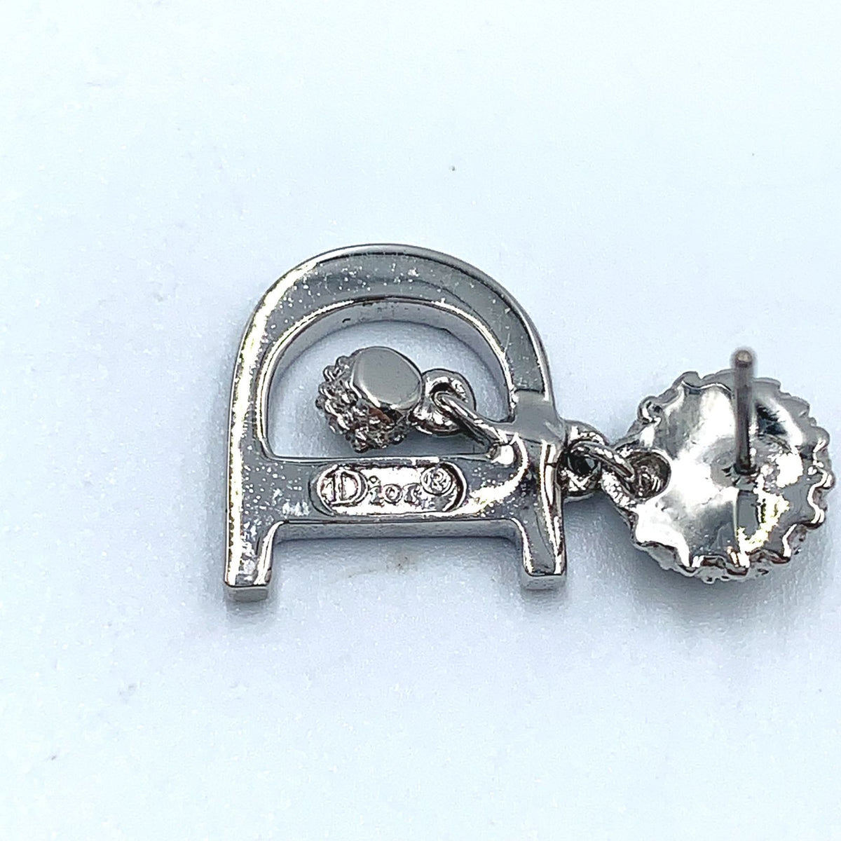Dior D Logo Alphabet Dancing Metal Rhinestone Silver Earrings — view 3