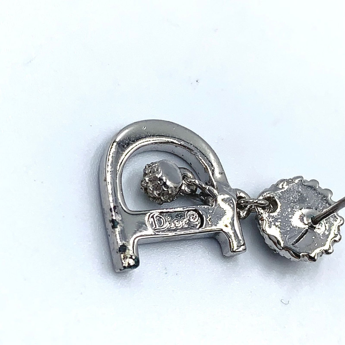 Dior D Logo Alphabet Dancing Metal Rhinestone Silver Earrings — view 7