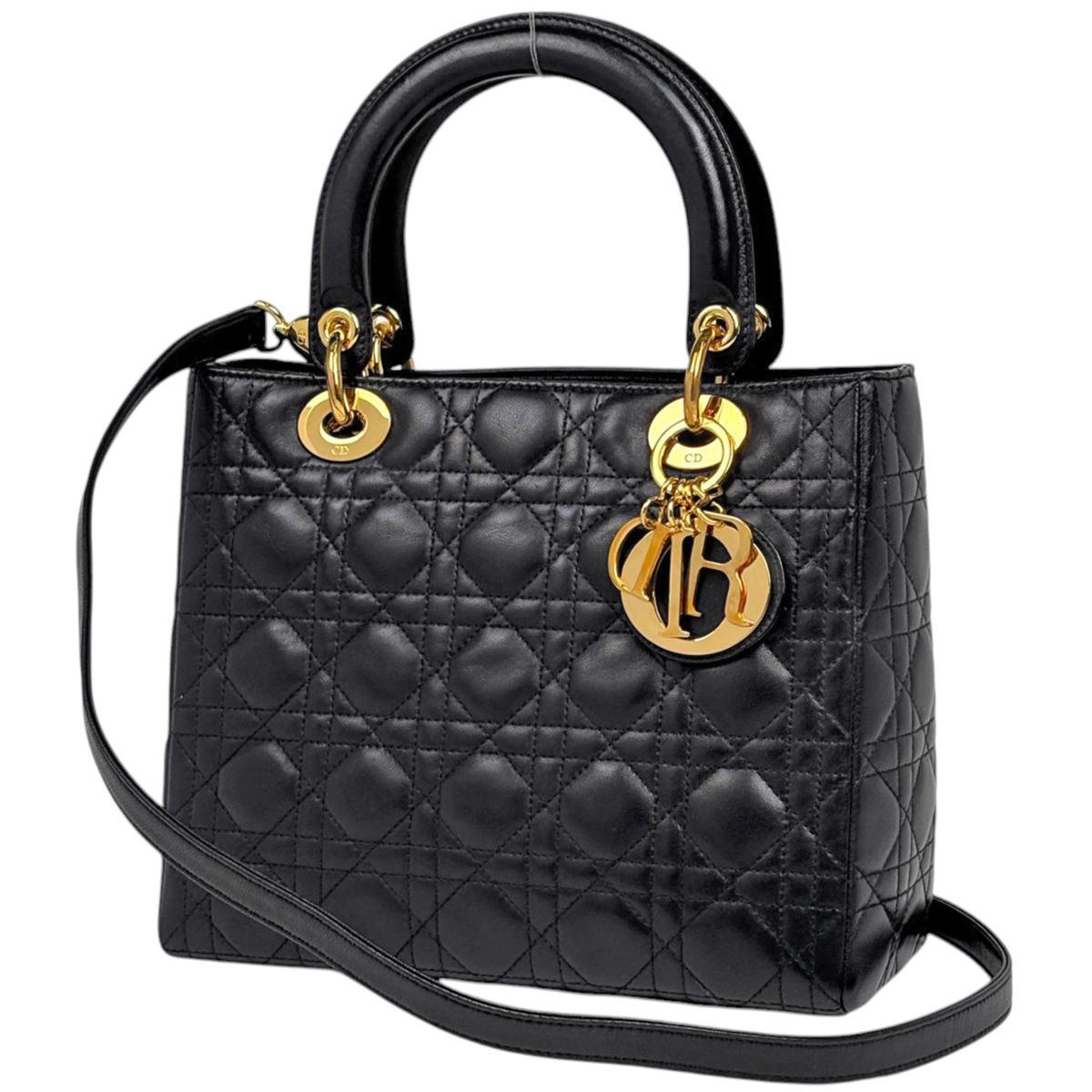 Dior Handbag Lady Medium Cannage 2-Way Leather Black